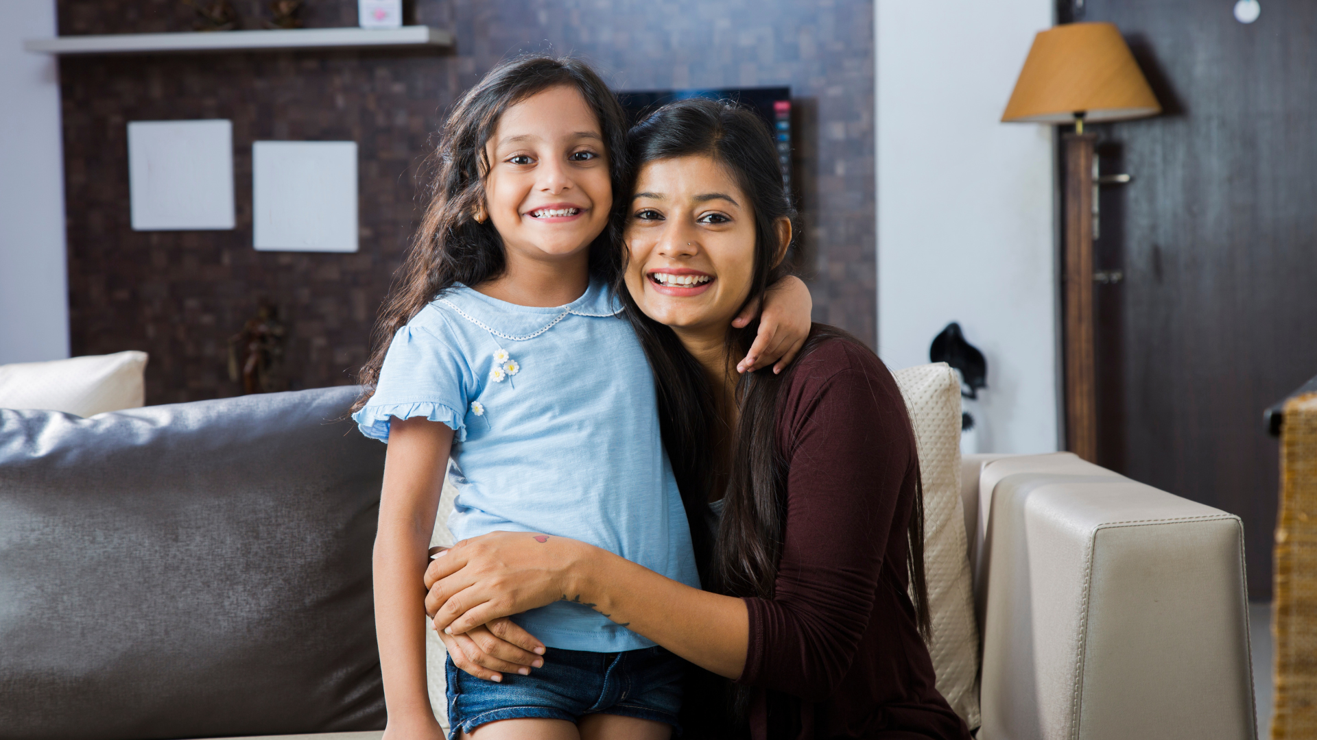 mother with a child in blue t shirt